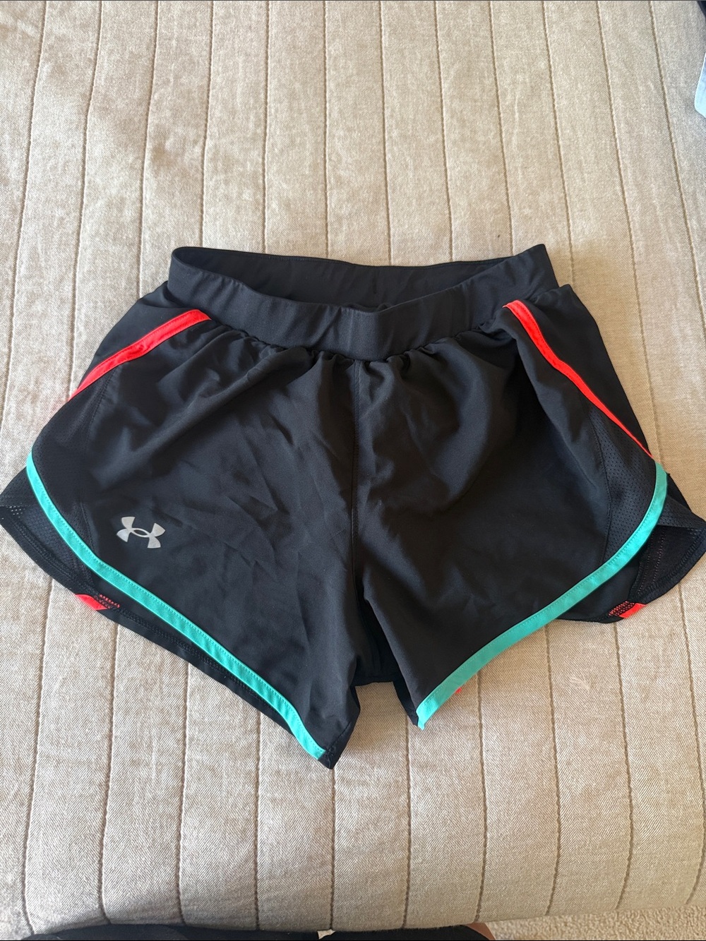 Under Armour Women’s Black Running Shorts with Teal and Red Trim